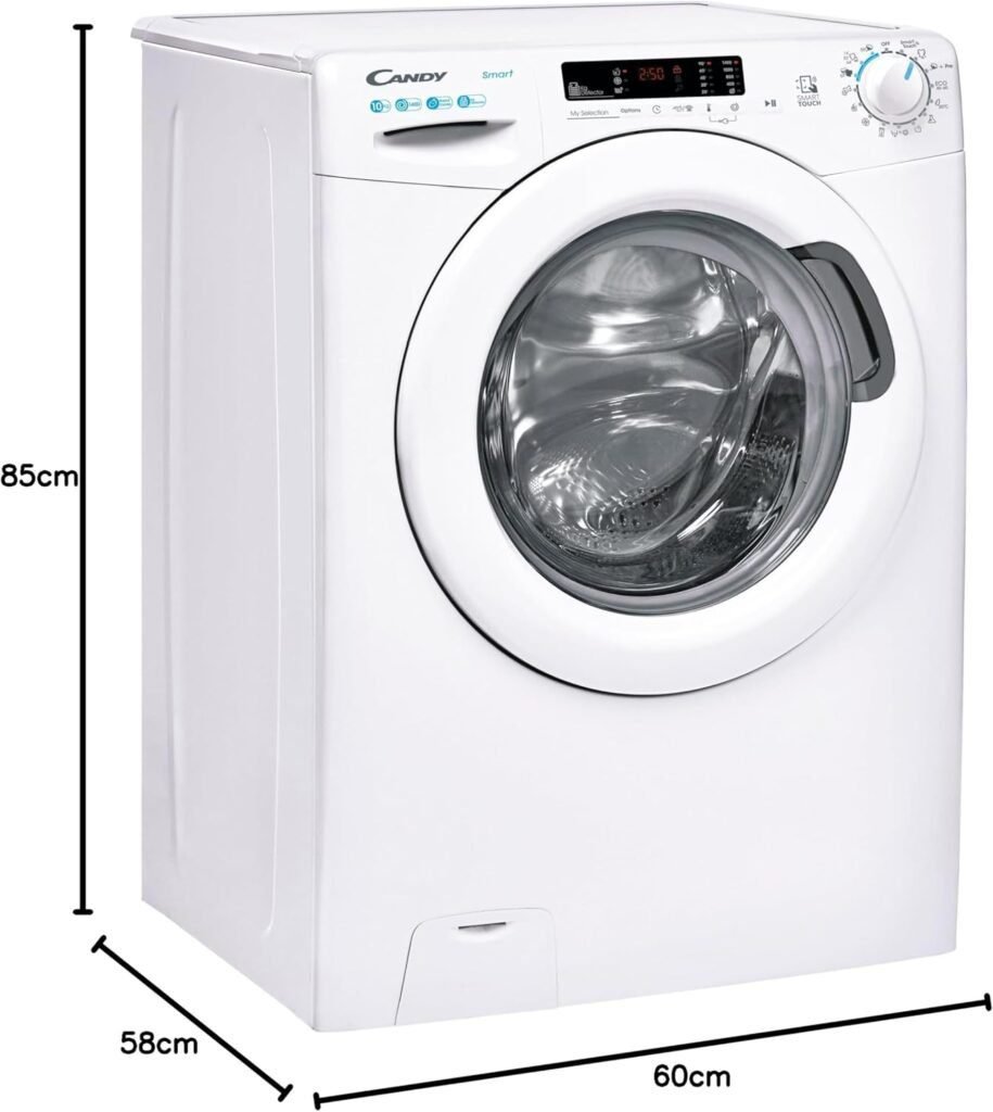Imagen de la lavadora Candy Smart CS 14102DE/1-S de 10 kg y 1400 RPM, diseño moderno en color blanco, ideal para familias numerosas. Lavadora eficiente y espaciosa con múltiples programas de lavado.