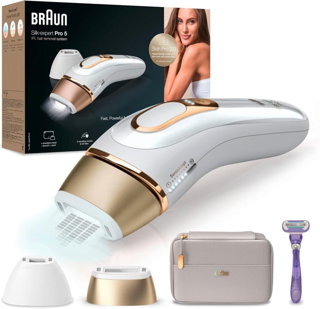 Imagen de la depiladora Braun Silk-expert Pro 5 con tecnología de Luz Pulsada IPL, ideal para hombre y mujer. Diseño ergonómico en color blanco y dorado, con accesorios incluidos para una depilación eficaz y duradera en casa. Perfecta para reducir el vello visible de forma segura y rápida.