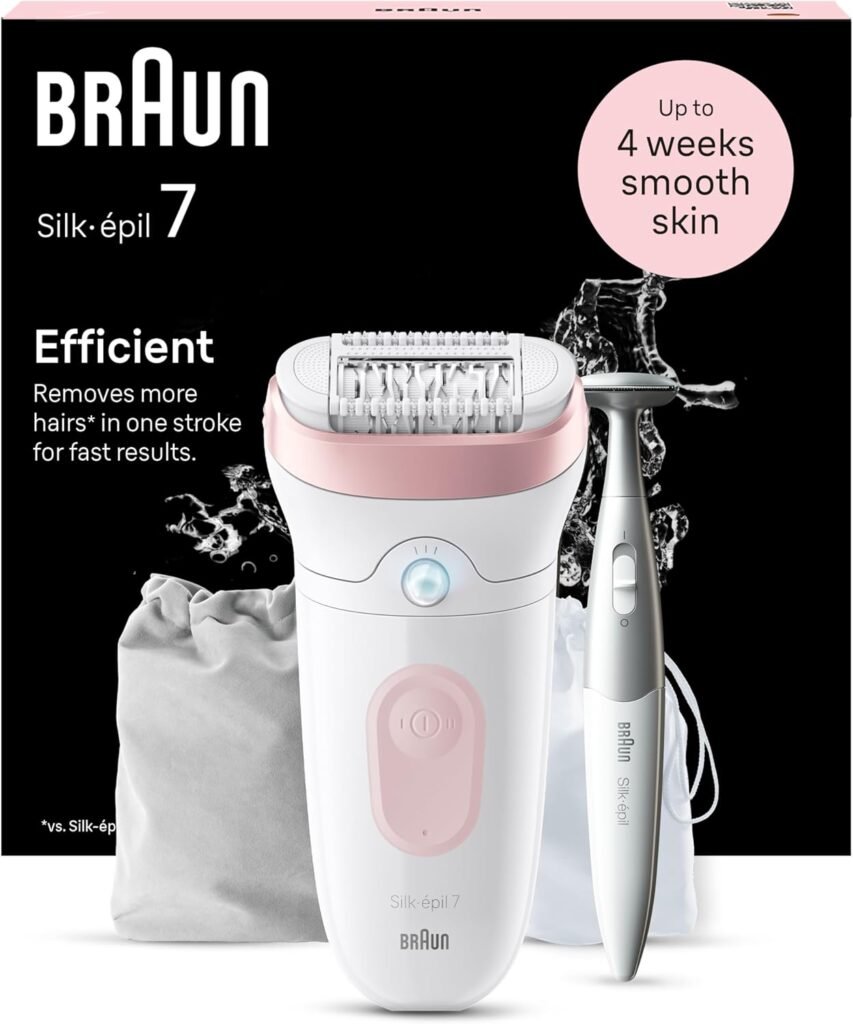 Imagen de la depiladora eléctrica Braun Silk-épil 7 en color blanco y plateado, diseñada para una eliminación del vello fácil y eficaz. Ideal para pieles sensibles, con tecnología Wet & Dry para uso en seco o en la ducha.