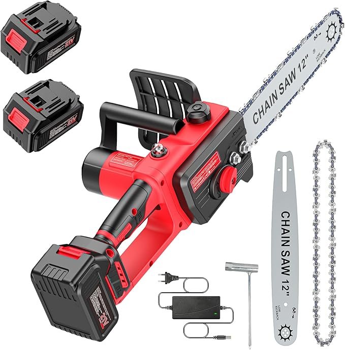 Imagen de la **motosierra Brushless a batería de 12 pulgadas** con diseño ergonómico y motor sin escobillas para mayor eficiencia y durabilidad. Ideal para cortes precisos en madera, con batería recargable de alto rendimiento.