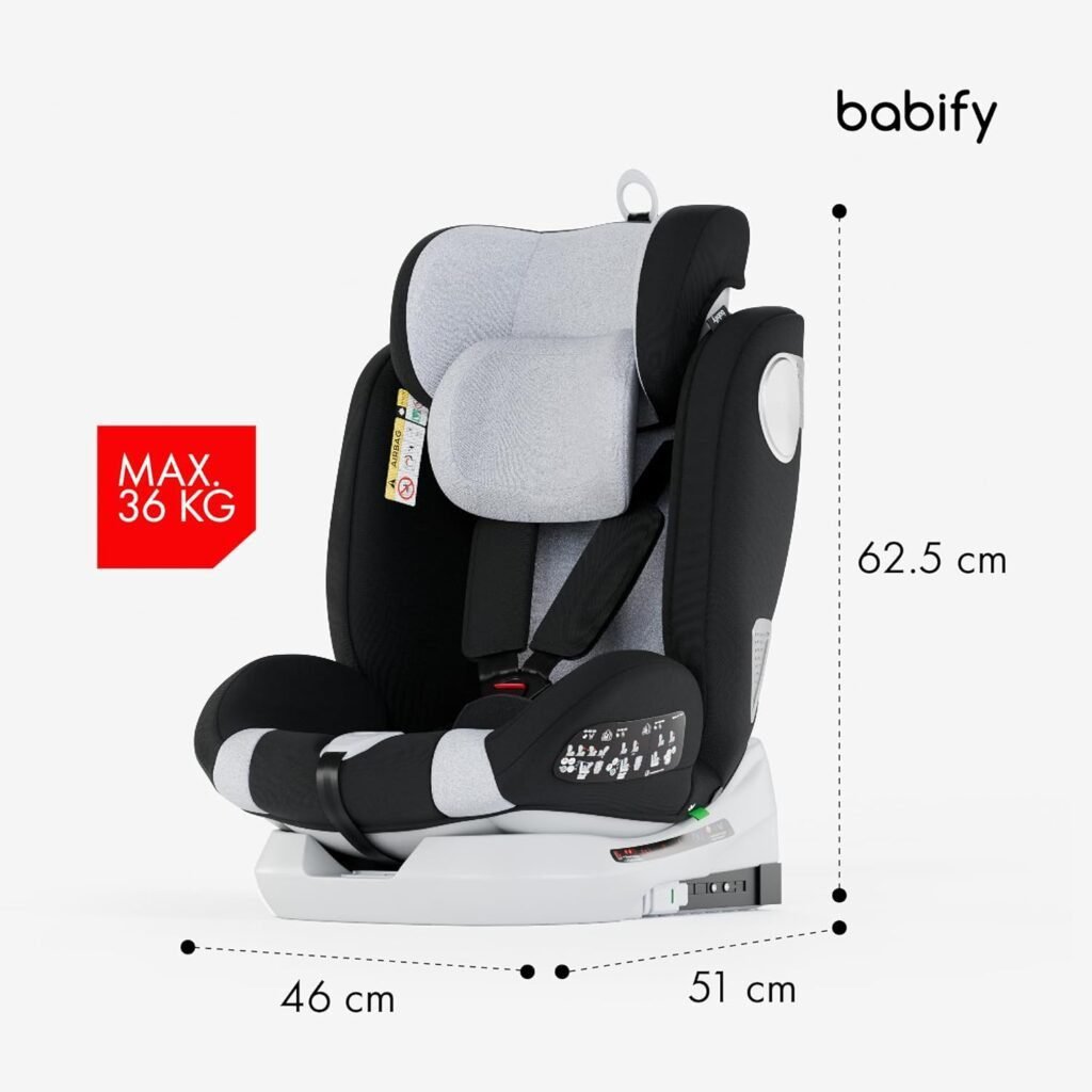 Imagen de la silla de coche para bebés Babify Onboard con sistema Isofix, diseño ergonómico y acolchado, color gris oscuro, ideal para garantizar la seguridad y comodidad del bebé durante los viajes.