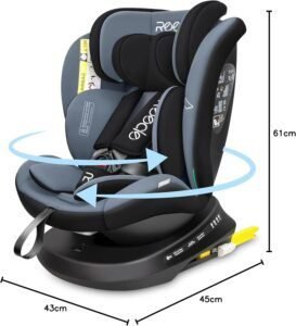Imagen de la silla de coche giratoria 360 Reecle I-Size con sistema ISOFIX, destacando su diseño moderno, seguridad reforzada y comodidad para bebés y niños pequeños.