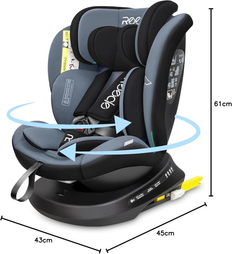 Imagen de la silla de coche giratoria 360 Reecle I-Size con sistema ISOFIX, destacando su diseño moderno, seguridad reforzada y comodidad para bebés y niños pequeños.