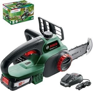 Imagen de la **sierra de cadena con batería Bosch UniversalChain 18**, una herramienta potente y ligera ideal para cortes precisos en jardinería y bricolaje. Diseño ergonómico, batería de 18V y sistema SDS para un ajuste fácil de la cadena. Perfecta para usuarios que buscan autonomía y eficiencia.