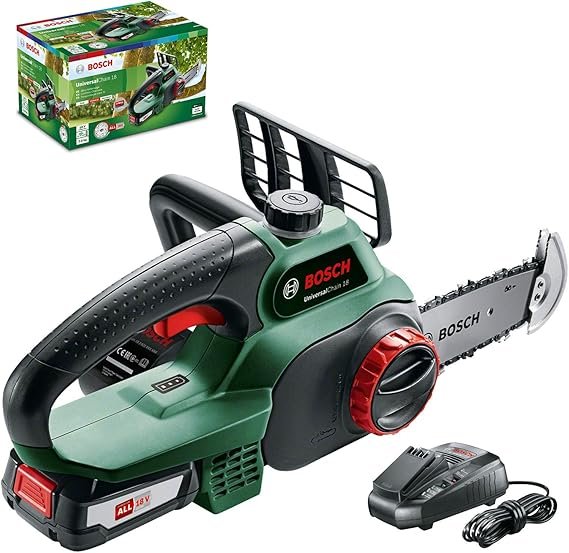 Imagen de la **sierra de cadena con batería Bosch UniversalChain 18**, una herramienta potente y ligera ideal para cortes precisos en jardinería y bricolaje. Diseño ergonómico, batería de 18V y sistema SDS para un ajuste fácil de la cadena. Perfecta para usuarios que buscan autonomía y eficiencia.