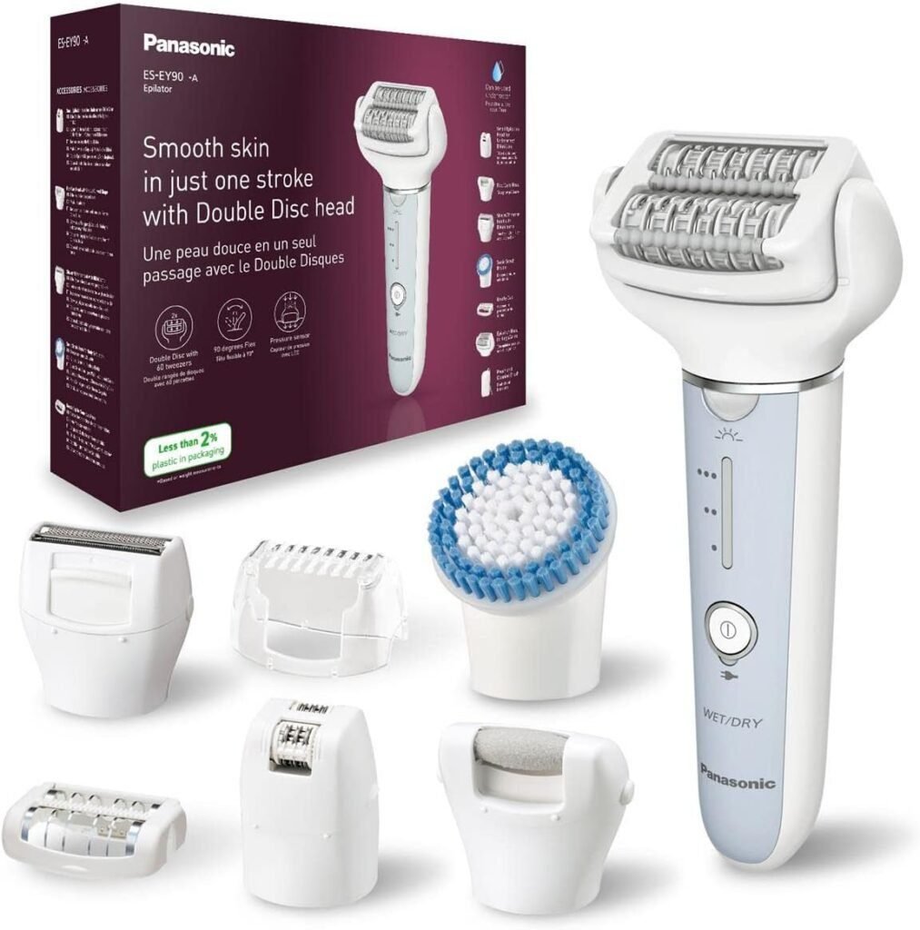 Imagen de la depiladora Panasonic ES-EY90-A503 Húmedo y Seco. Diseño ergonómico en color azul y blanco, con cabezal flexible y tecnología avanzada para una depilación precisa y sin dolor. Ideal para usar en seco o en la ducha.