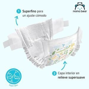 Imagen del paquete de pañales Mama Bear Pañales ultra-secos de Marca Amazon, diseño atractivo y colores suaves, ideal para bebés; destaca absorción superior y comodidad, producto valorado en opiniones de clientes satisfechos.