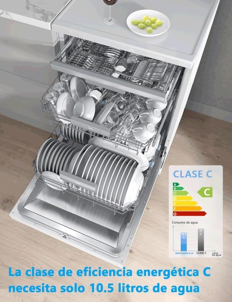 Imagen del lavavajillas Midea 60 cm+++ blanco con capacidad para 14 servicios, diseño de libre instalación ideal para cocinas modernas – Opiniones y características del lavaplatos eficiente y espacioso.