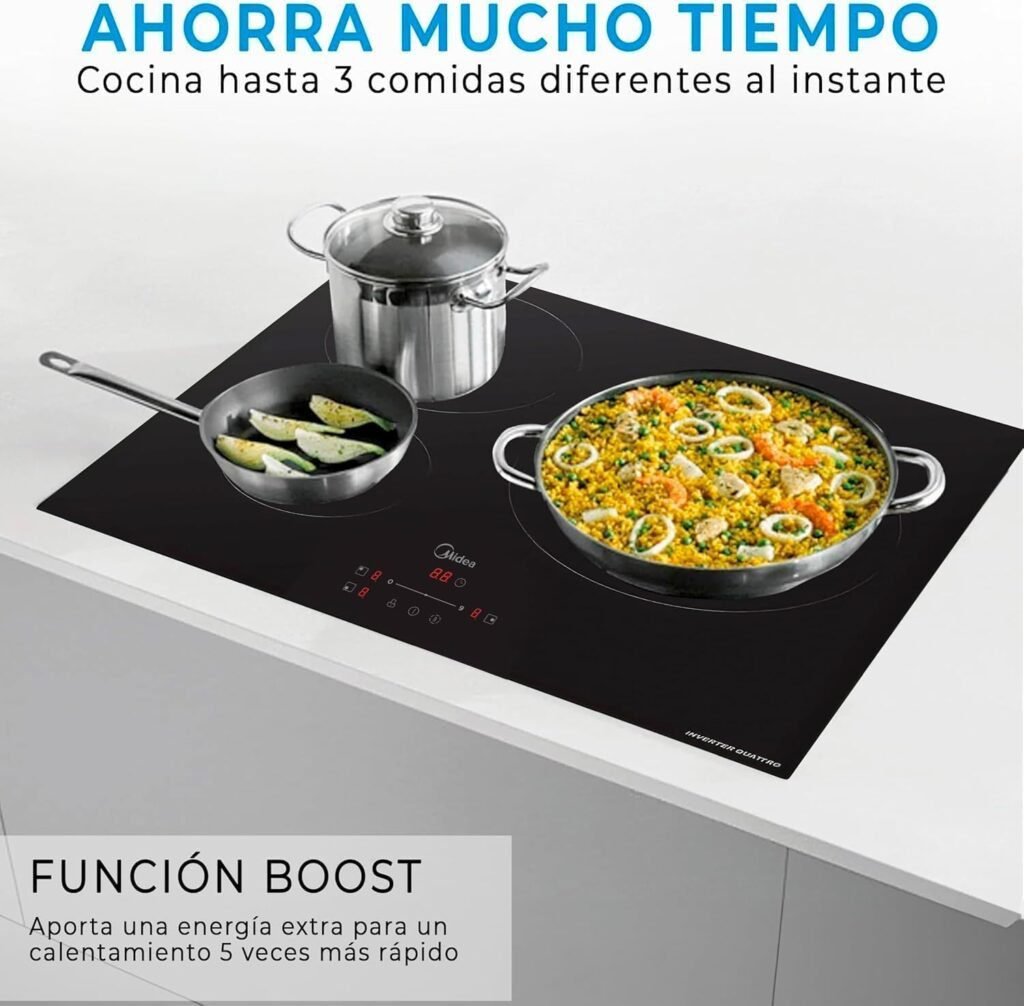 Imagen de la placa de inducción MIDEA de 3 fuegos y 60 cm con potencia de 7400 W, diseño vitrocerámico elegante en color negro ideal para cocinas modernas.