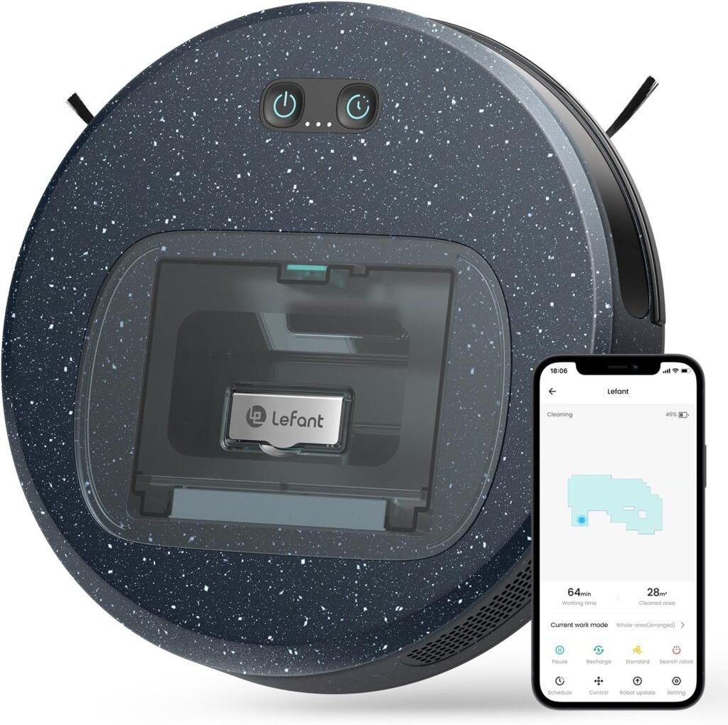 Imagen del **robot aspirador LEFANT F1** con **5000Pa de succión**, diseño compacto y sin escobillas laterales, ideal para limpiar el hogar con eficiencia. Conoce opiniones y características.