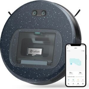 Imagen del **robot aspirador LEFANT F1** con **5000Pa de succión**, diseño compacto y sin escobillas laterales, ideal para limpiar el hogar con eficiencia. Conoce opiniones y características.