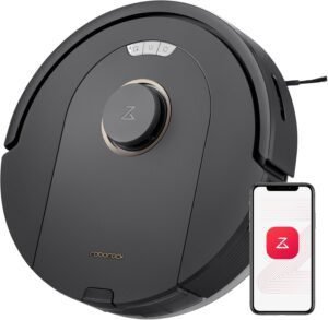 Imagen del Roborock Q5 Pro Robot Aspirador con Cepillo DuoRoller. Diseño moderno en color negro, ideal para una limpieza eficiente gracias a su potente succión y tecnología avanzada. Perfecto para hogares con mascotas y alfombras.