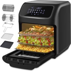 Imagen de la **LLIVEKIT Freidora de Aire Caliente 12L** con diseño moderno y amplia capacidad. Ideal para cocinar sin aceite de manera saludable. Con múltiples funciones y accesorios para freír, asar y hornear fácilmente.