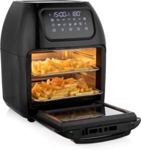 Imagen de la **Tristar FR-6964**, una **freidora sin aceite y horno multifunción** con gran capacidad. Diseño moderno en color negro, panel digital y múltiples funciones para freír, hornear y asar con menos grasa. Ideal para cocinar de forma saludable y rápida.