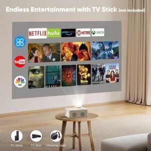 Proyector Bluetooth AKATUO 8500 lúmenes, mini proyector portátil de alta resolución. Diseño compacto, ideal para cine en casa y presentaciones. Compatibilidad con múltiples dispositivos.