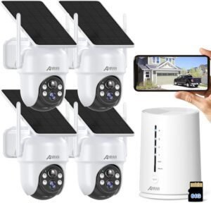 Imagen del **ANRAN 4MP Kit Cámara de Vigilancia WiFi Exterior** con batería recargable y panel solar. Sistema de seguridad inalámbrico con visión nocturna, detección de movimiento y audio bidireccional para exteriores.