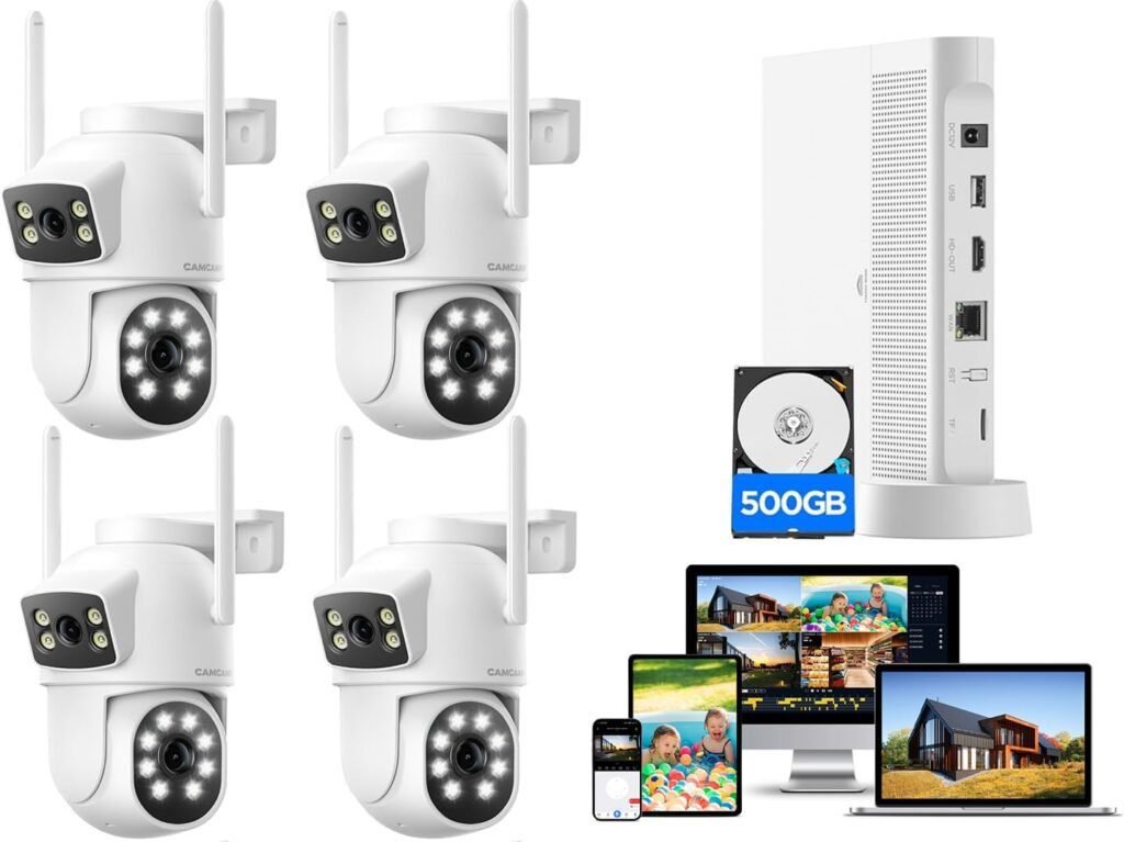 Kit de Cámaras de Vigilancia WiFi Exterior CAMCAMP 4MP con visión nocturna, detección de movimiento y resistencia al agua. Sistema de seguridad inalámbrico para hogar o negocio.