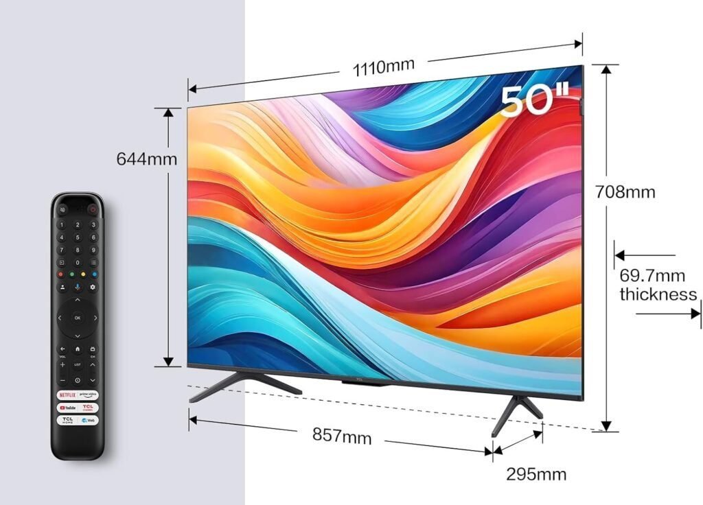 Televisor TCL 50T7B QLED Pro de 50 pulgadas con resolución 4K Ultra HD, diseño moderno y bezeles delgados, ideal para experiencias de cine en casa.