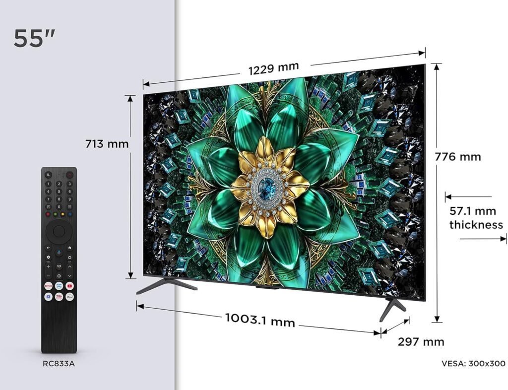 Imagen del televisor TCL 55Q6C de 55 pulgadas con tecnología QD-Mini LED, resolución 4K HDR Premium y funciones Smart TV, diseño moderno y marco delgado ideal para entretenimiento en el hogar.