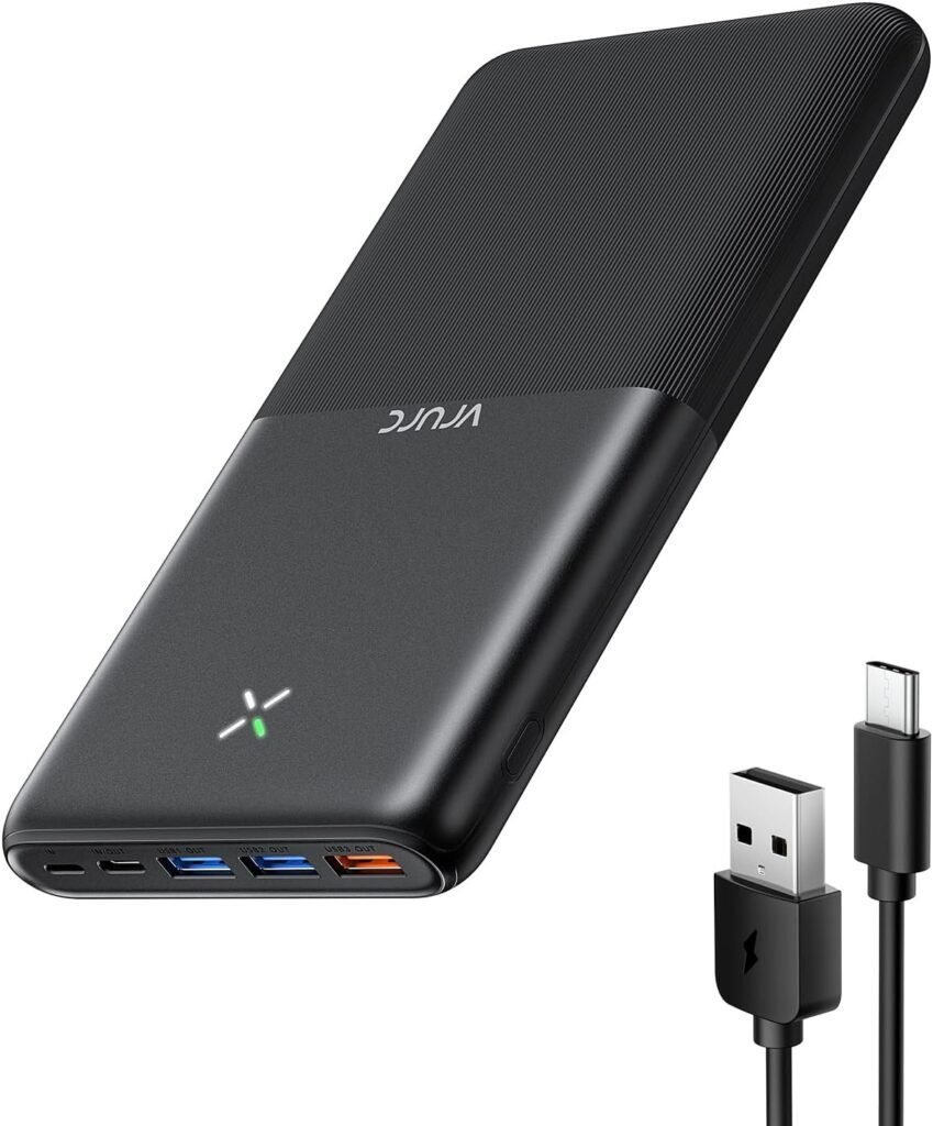 Batería externa VRURC Power Bank 30000mAh con carga rápida 22.5W. Diseño compacto, alta capacidad y múltiples puertos para cargar dispositivos eficientemente en cualquier lugar.