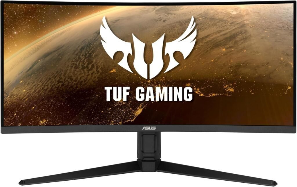 Imagen del ASUS Monitor Gaming TUF Gaming VG34VQL1B de 34 pulgadas. Diseño curvo, alta resolución y frecuencia de actualización de 165Hz para una experiencia inmersiva. Ideal para juegos y productividad.