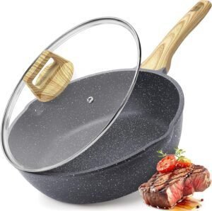 Freidora antiadherente GiPP - Sartén con tapa de granito blanco, diseño elegante y duradero, ideal para frituras saludables y cocción uniforme.