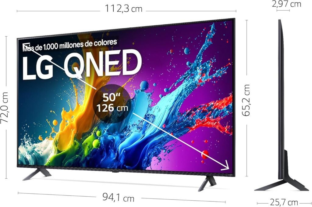 Imagen del Smart TV LG 50QNED80T6A de 50 pulgadas con resolución 4K QNED. Diseño elegante y pantalla vibrante para una experiencia inmersiva. Ideal para ver opiniones y detalles del LG 50QNED80T6A.