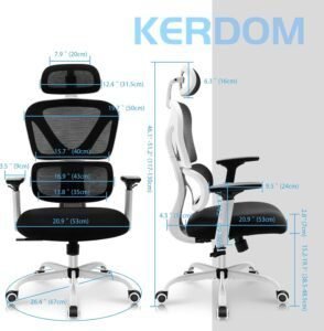 Silla ergonómica de oficina KERDOM en color negro con respaldo de malla transpirable, apoyabrazos ajustables y soporte lumbar. Perfecta para largas jornadas de trabajo, ofreciendo confort y diseño moderno. Descubre opiniones sobre la KERDOM silla ergonómica de oficina.