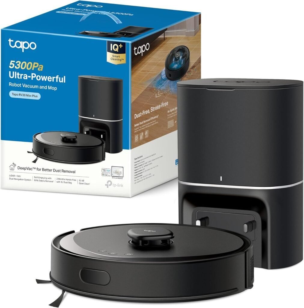 Robot aspirador Tapo RV30 MAX Plus con base de autovaciado. Potencia de succión de 5300Pa para una limpieza eficiente. Diseño inteligente y tecnología avanzada para mantener tu hogar impecable.