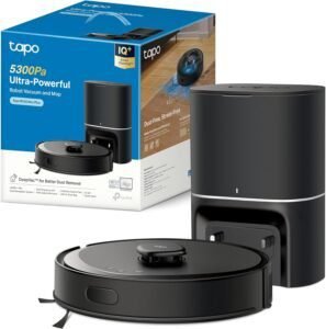 Robot aspirador Tapo RV30 MAX Plus con base de autovaciado. Potencia de succión de 5300Pa para una limpieza eficiente. Diseño inteligente y tecnología avanzada para mantener tu hogar impecable.