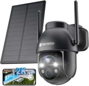 Cámara de vigilancia WiFi exterior solar YESYAMO 2K con batería recargable. Seguridad inteligente con visión nocturna, detección de movimiento y audio bidireccional. Ideal para monitoreo sin cables en exteriores.