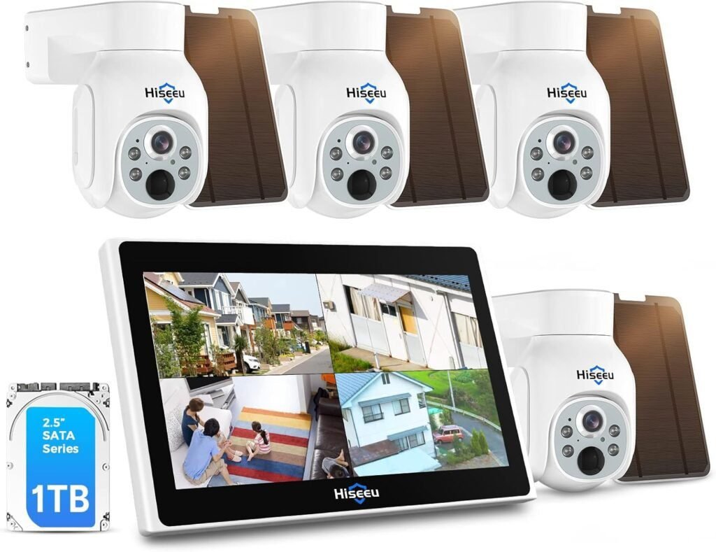Kit de cámaras de vigilancia WiFi exterior Hiseeu Solar con panel solar. Sistema de seguridad inalámbrico con visión nocturna, resistente al agua y fácil instalación. Ideales para monitoreo en exteriores.