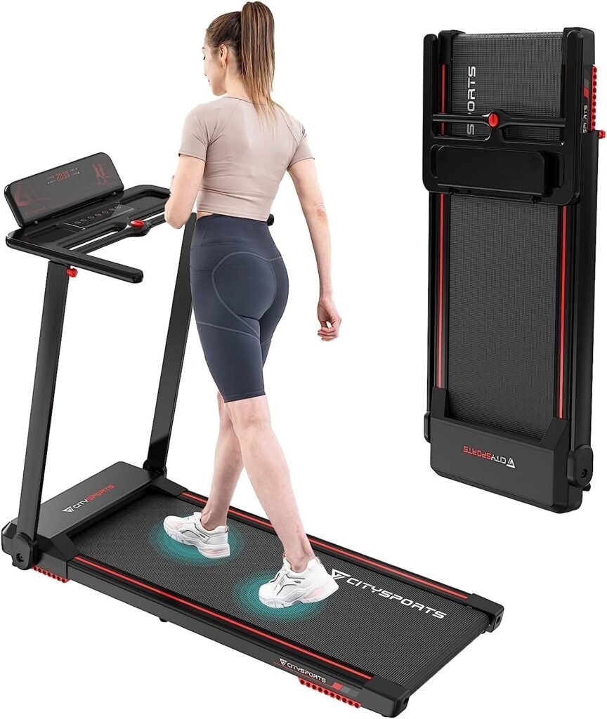 Cinta de correr plegable CITYSPORTS: Diseño compacto y eléctrico para andar o correr en casa. Ideal para entrenamiento diario con pantalla LCD, control remoto y motor silencioso.