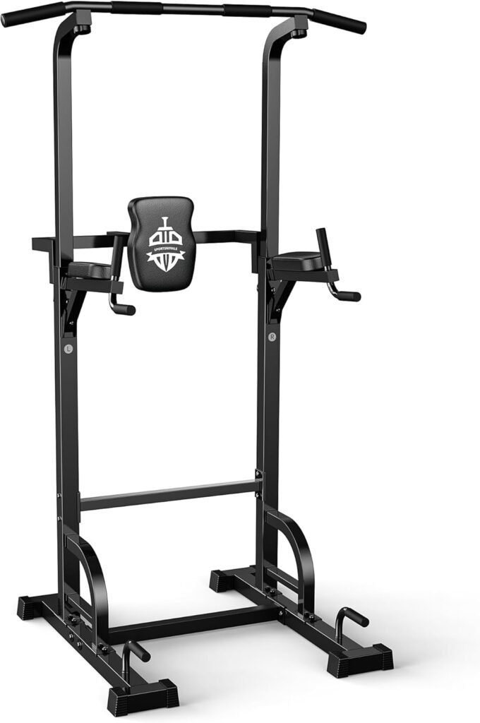 Torre de potencia Sportsroyals Power Tower con barra de dominadas, ideal para gimnasio en casa. Diseño robusto y ajustable para entrenamientos de fuerza y ejercicios de calistenia. Opiniones y reseñas destacan su estabilidad y comodidad.
