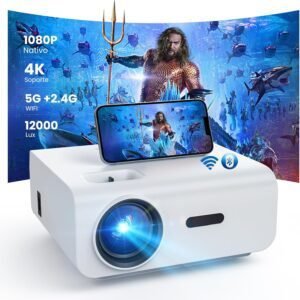 Imagen del HOPVISION Proyector, Mini Proyector Portátil WiFi Bluetooth con 12000 lúmenes y compatibilidad 4K. Diseño compacto, ideal para cine en casa y presentaciones.