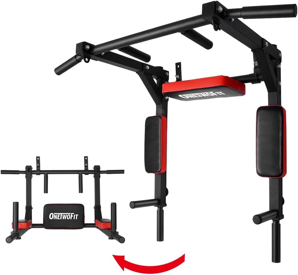 Barra de dominadas ONETWOFIT con estación de inmersión, ideal para entrenamiento en casa. Diseño resistente y ajustable para ejercicios de fuerza como dominadas, fondos y abdominales. Perfecta para gimnasios en el hogar.
