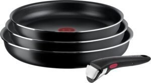 Imagen del juego de 3 sartenes Tefal Ingenio Easy On de 22, 24 y 26 cm con mango extraíble. Diseño apilable, revestimiento antiadherente y compatible con todo tipo de cocinas, incluyendo inducción. Ideal para cocinar con facilidad y ahorrar espacio.