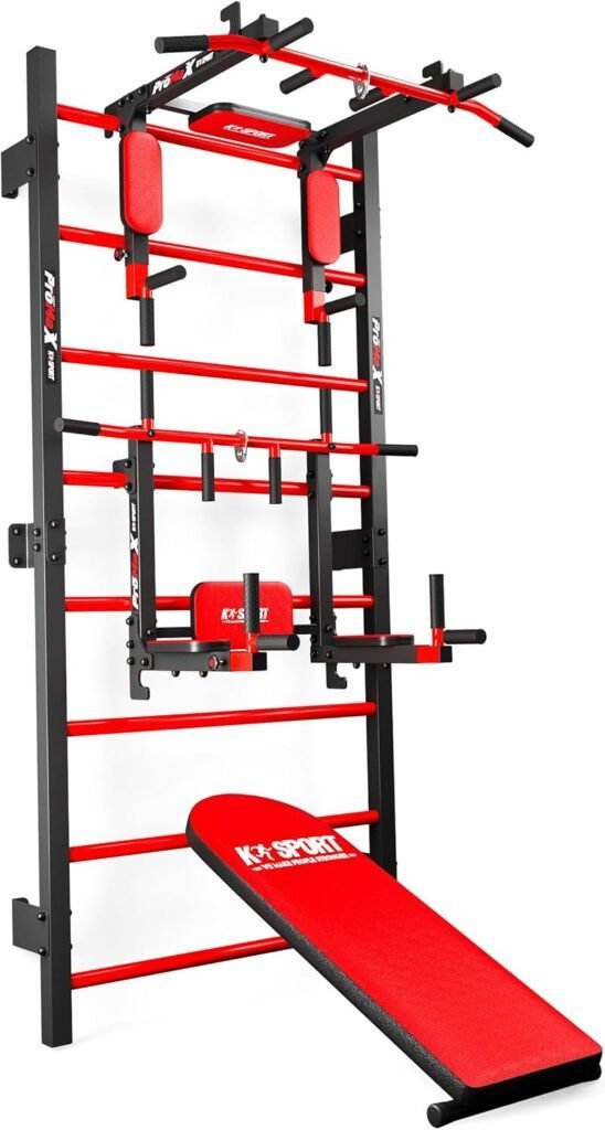 Imagen del juego de entrenamiento K-Sport con espaldera, estación de dip y barra de dominadas. Equipo multifuncional ideal para entrenamiento en casa, calistenia y fortalecimiento muscular. Diseño robusto y versátil para distintos ejercicios de fuerza.