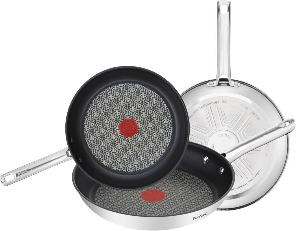 Imagen del juego de 3 sartenes Tefal Duetto ON de acero inoxidable en tamaños 20, 24 y 28 cm. Diseño duradero, compatible con todo tipo de cocinas y tecnología Thermo-Signal para un cocinado óptimo. Descubre opiniones y características.