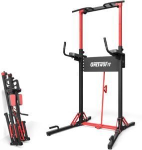 Imagen de la ONETWOFIT Power Tower Plegable, estación de fondos y barra de dominadas ideal para gimnasio en casa. Diseño resistente y ajustable para entrenamientos de fuerza, dominadas, fondos y más.