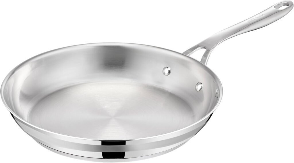Imagen del sartén Tefal Jamie Oliver Cook Smart de 28 cm, fabricado en acero inoxidable sin revestimiento. Diseño resistente y duradero, ideal para cocinar con precisión. Perfecto para quienes buscan calidad en la cocina.