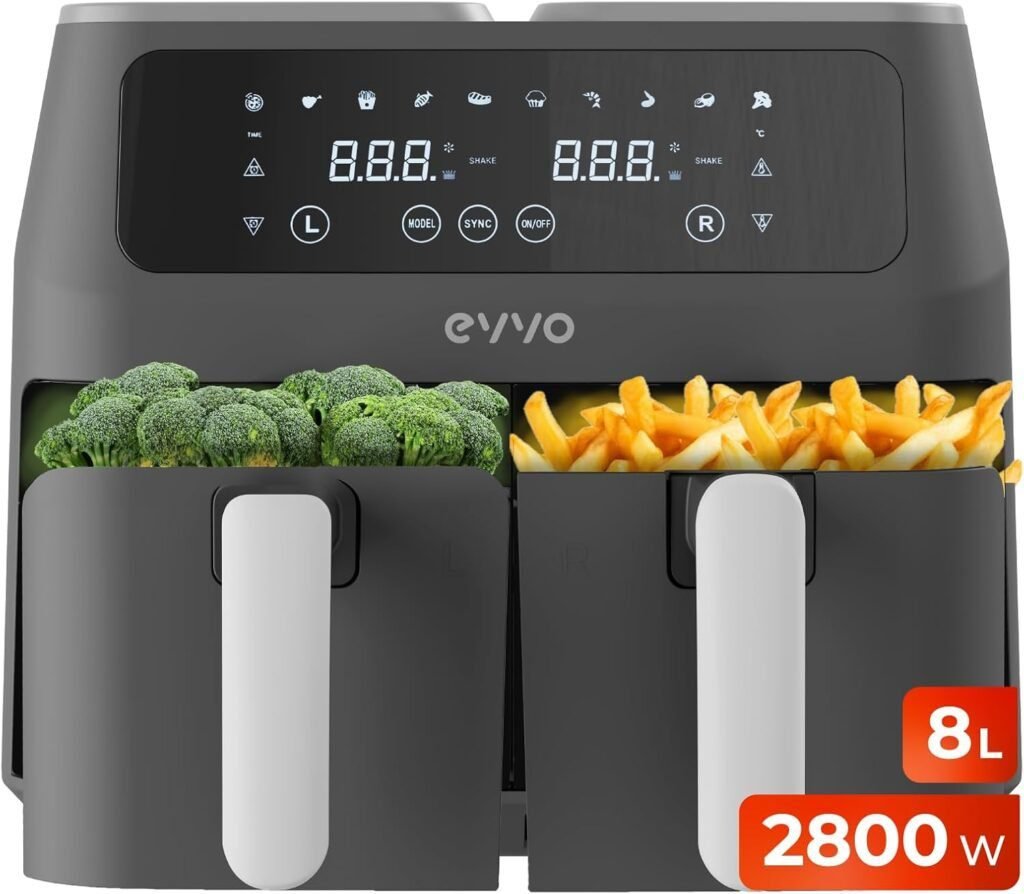 Imagen de la freidora de aire sin aceite EVVO de 8L. Diseño moderno en color negro, ideal para cocinar de forma saludable con tecnología de aire caliente. Perfecta para freír, hornear y asar sin exceso de grasa.