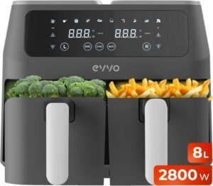 Imagen de la freidora de aire sin aceite EVVO de 8L. Diseño moderno en color negro, ideal para cocinar de forma saludable con tecnología de aire caliente. Perfecta para freír, hornear y asar sin exceso de grasa.