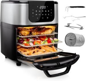 Imagen de la **freidora sin aceite Princess** con **horno de aire caliente** de **11 litros**, diseño moderno y elegante. Incluye **cesta giratoria** para una cocción uniforme y múltiples funciones para freír, asar y hornear de manera saludable.