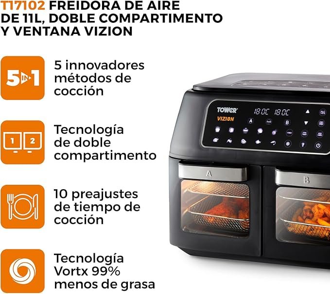 Freidora de aire Tower T17102 de doble compartimento con tecnología Vortx, panel táctil digital y ventana Vizion – freidora sin aceite ideal para cocinar de forma saludable y rápida. Diseño moderno y funcional en imagen del producto.