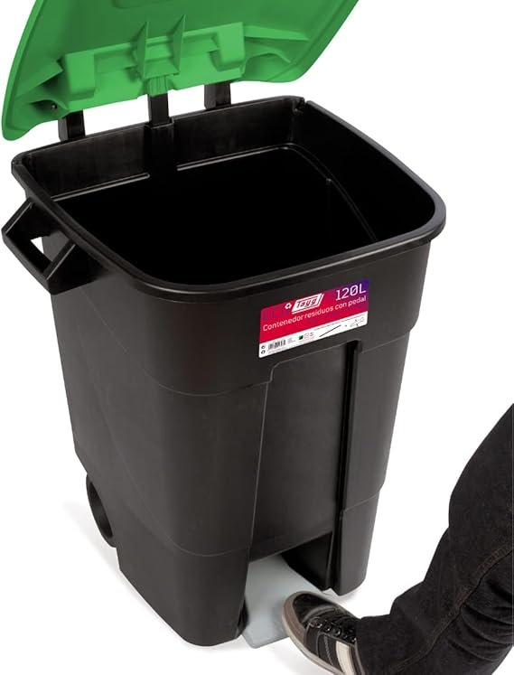 Contenedor de residuos Tayg EcoTayg 120 litros en color verde con pedal, diseño resistente ideal para reciclaje doméstico o industrial.