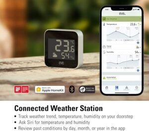 Eve Weather - Estación meteorológica inteligente compatible con Apple HomeKit, muestra el dispositivo en su diseño compacto y moderno, ideal para registrar temperatura, humedad y presión atmosférica en tiempo real.