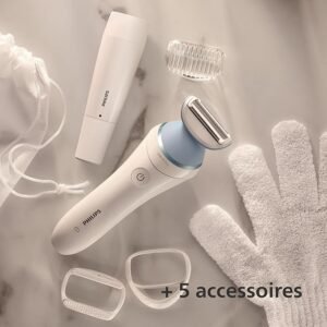 Imagen de la Afeitadora de Mujer Philips Serie 8000 con 5 accesorios incluidos, diseño ergonómico en color blanco y rosa, ideal para el cuidado personal femenino y depilación eficiente en casa.