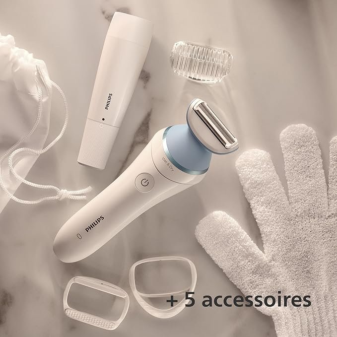 Imagen de la Afeitadora de Mujer Philips Serie 8000 con 5 accesorios incluidos, diseño ergonómico en color blanco y rosa, ideal para el cuidado personal femenino y depilación eficiente en casa.