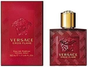 Imagen del perfume VERSACE Eros Flame 50 ml – Vista frontal del frasco elegante de color rojo intenso con detalles dorados, representando la fragancia masculina de lujo, ideal para reseñas y opiniones sobre VERSACE Eros Flame.